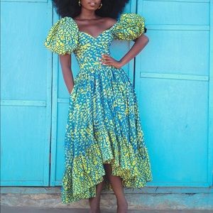 SIKA Freda Puff Sleeves Blue Yellow Midi Dress